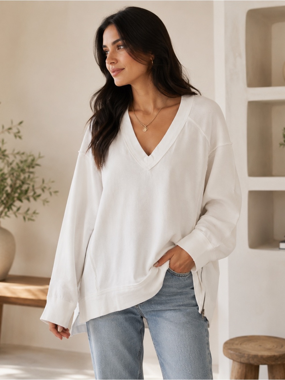Free People Cream V-Neck Oversized Pullover Sweater